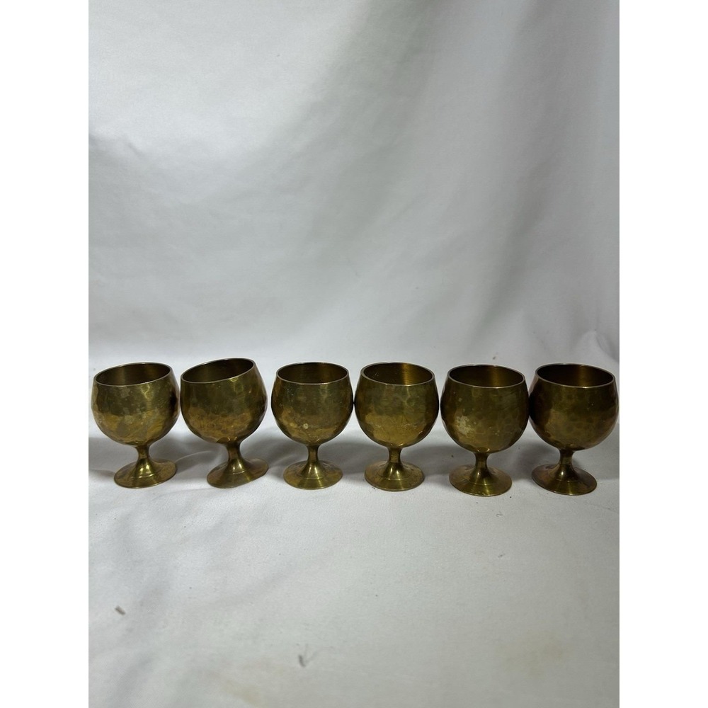 Vintage Brass Cordial Shot Glasses Goblets Cups Stems  2.5" tall Set Of 6 MCM